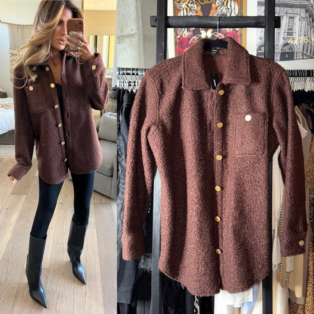 Express Teddy Novelty Button Shacket in Rich Mocha